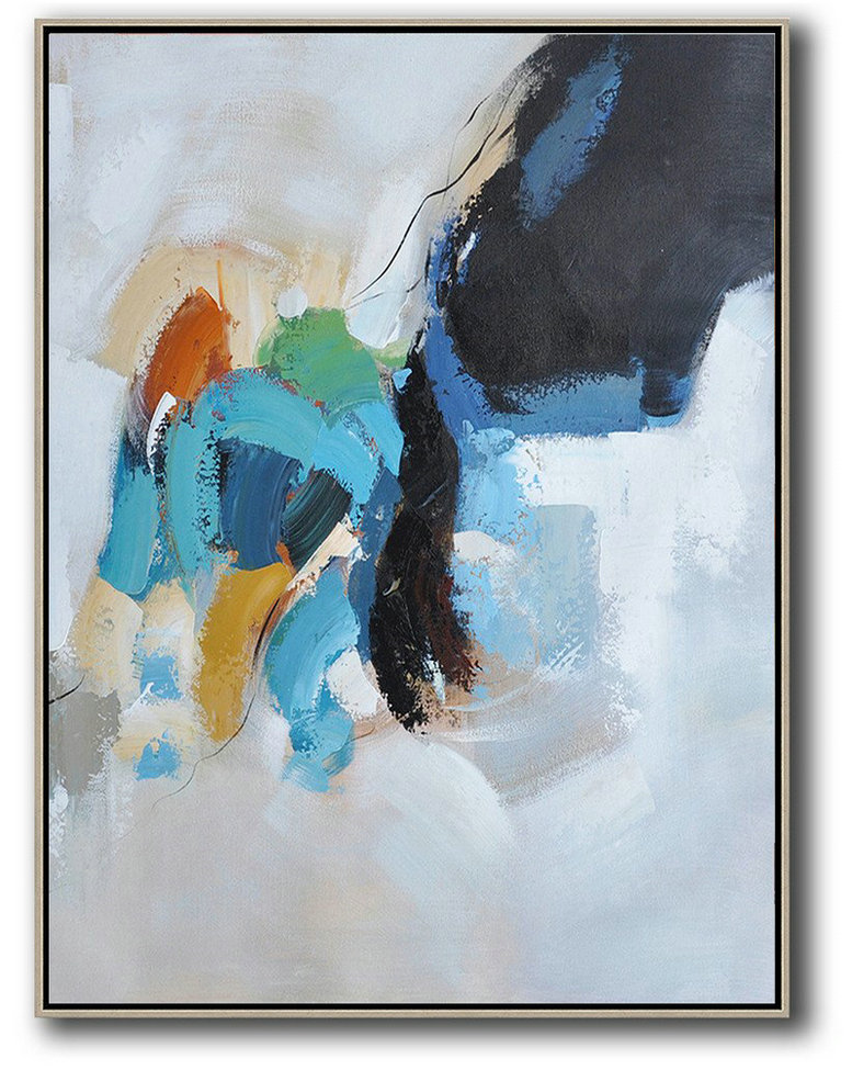 Vertical Palette Knife Contemporary Art,Acrylic Minimailist Painting,Sky Blue,Grey,Black,Yellow,Orange